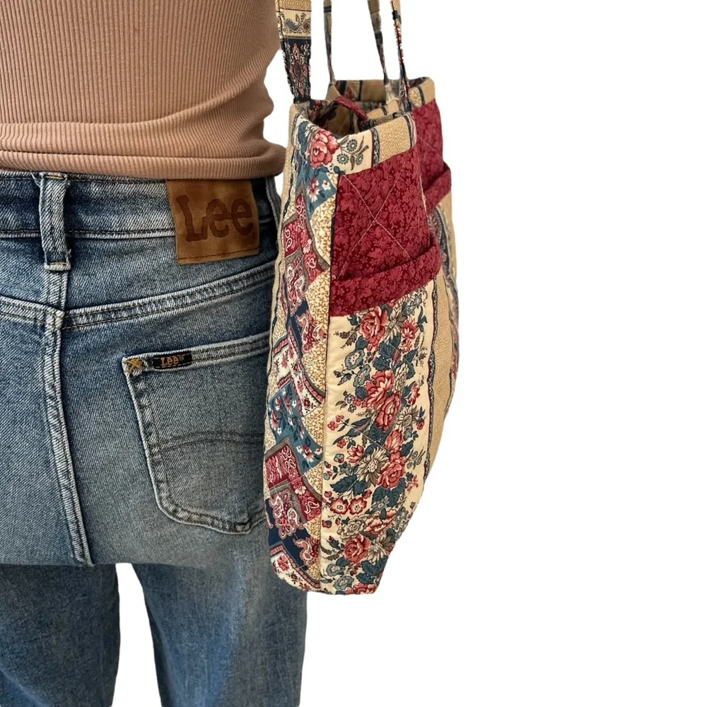 Vintage 90s handmade quilted floral stripe tote bag pink blue cream